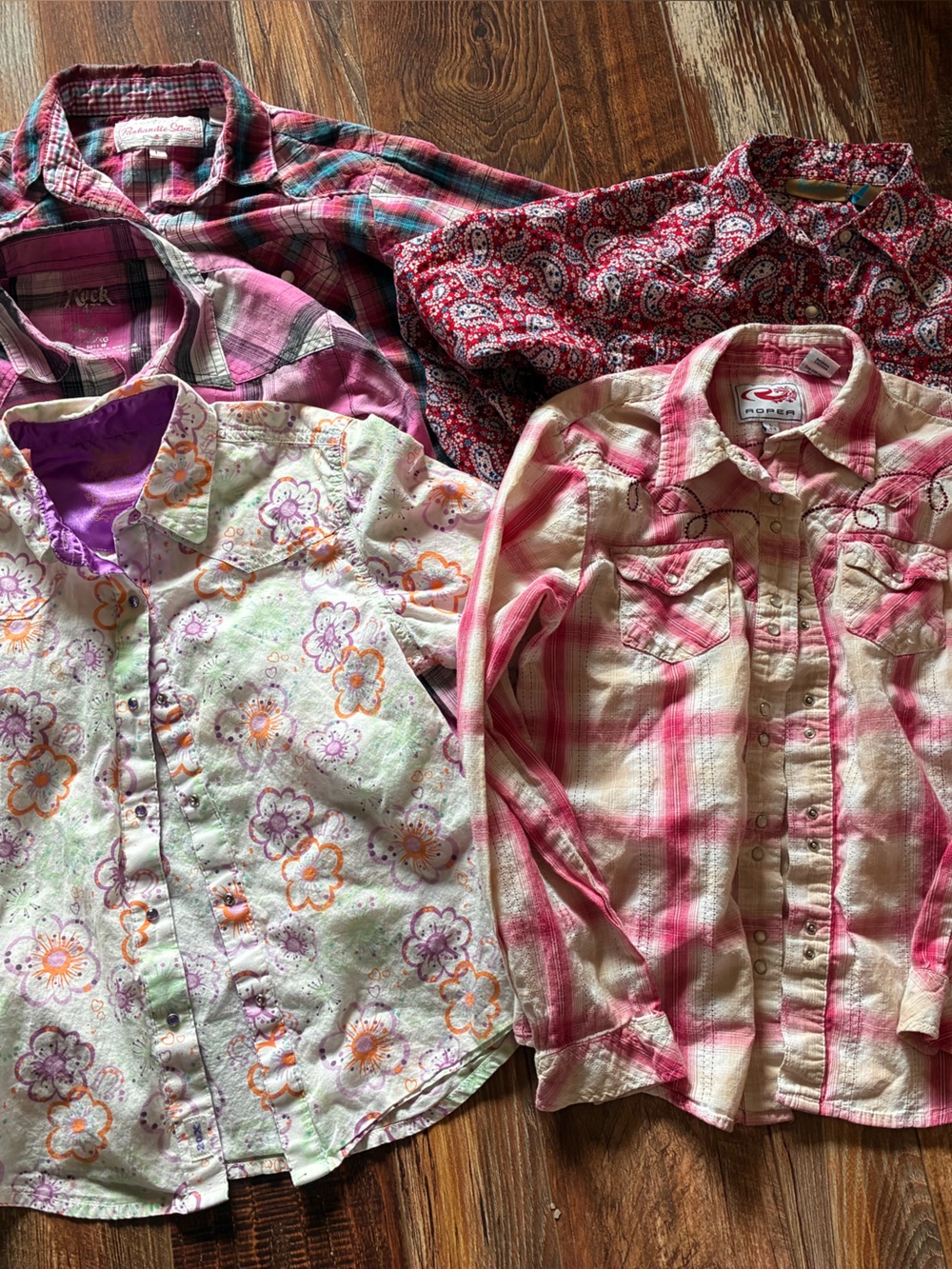 Lot of FIVE girls Large Western shirts. Wrangler, Roper, Panhandle Slim, etc.